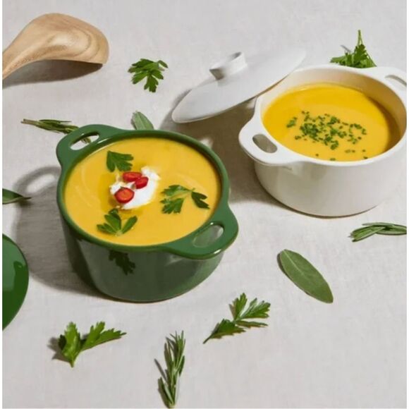 New in Box Brocc Your Body Mini Round Ceramic Cocotte Set White and Green - Picture 2 of 5